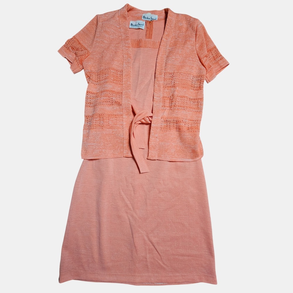 Vintage Bleeker Street Knit Sheath Dress & Cardigan Co-ord Set S‎ Retro Chic